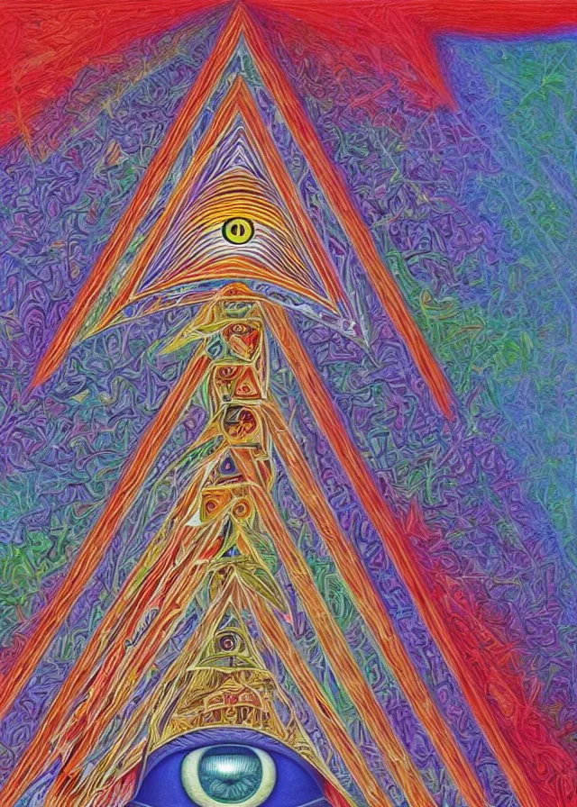 Prompt: pyramid with an eye in the middle, painting by alex grey