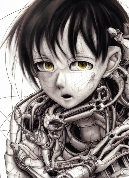 Image similar to Shinji Ikari by Yoshitaka Amano, by HR Giger, biomechanical, 4k, hyper detailed, hyperrealism, anime, a Blood Moon rising on a Broken World, deviantart, artstation