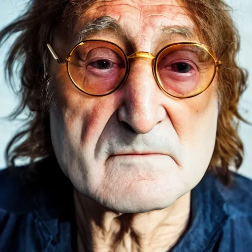 Image similar to john lennon singer at age 9 0 years old, color ( sony a 7 r iv, symmetric balance, polarizing filter, photolab, lightroom, 4 k, dolby vision, photography award ), vogue, perfect face