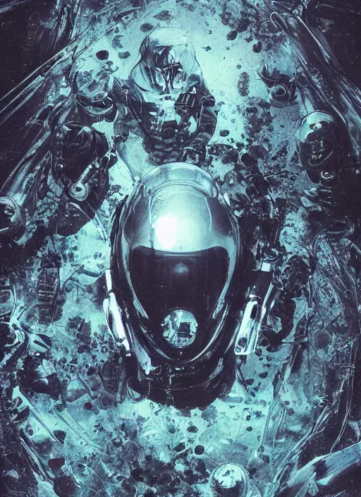 Image similar to astronauts in dark and empty void underwater - complex and hyperdetailed suit. reflection and dispersion materials. rays and dispersion of light. volumetric light. 5 0 mm, f / 3 2. noise film photo. flash photography. ultra realistic, wide angle. poster by wayne barlowe, hajime sorayama aaron horkey, craig mullins. dark key.