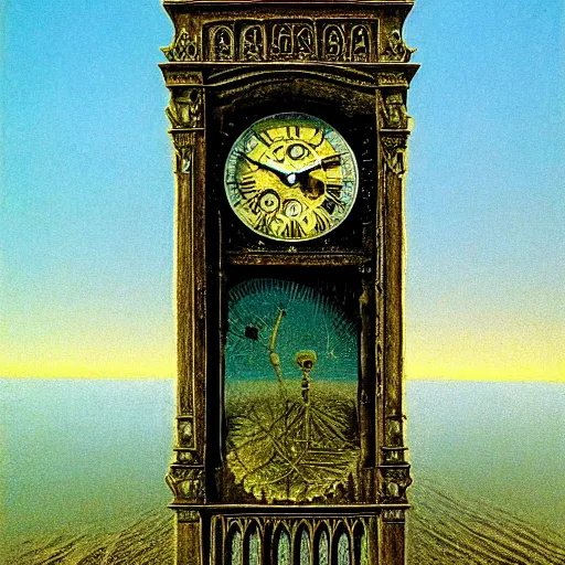 Prompt: a grandfather clock with a distressed face in the middle of the desert, digital painting, by Zezislaw Beksinski, intricate detail, masterpiece, beautiful, gorgeous, 4k wallpaper