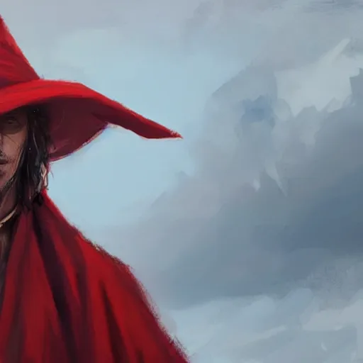 Image similar to portrait of rincewind wearing bright red wizard robe and hat by greg rutkowski