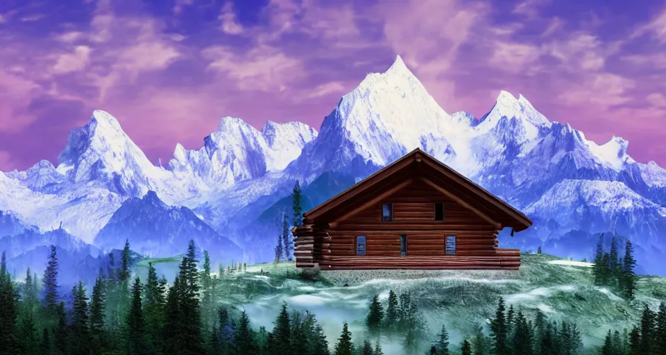 Prompt: log cabin beneath the alps, vaporwave aesthetic, matte painting 4 k