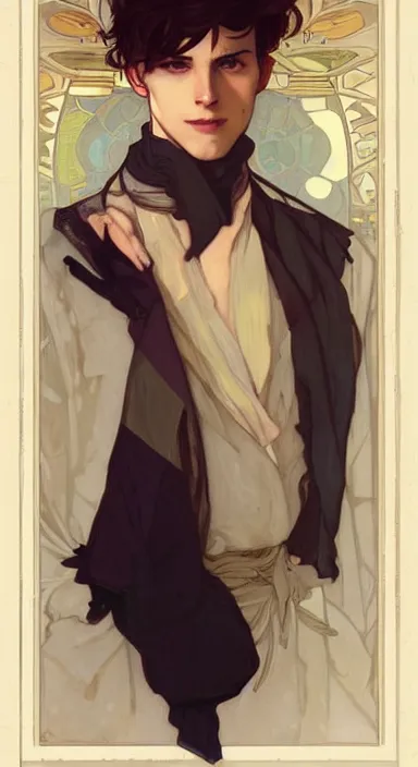 Image similar to Portrait of a cute stylish catboy in his twenties. Art by Greg Rutkowski and Alphonse Mucha