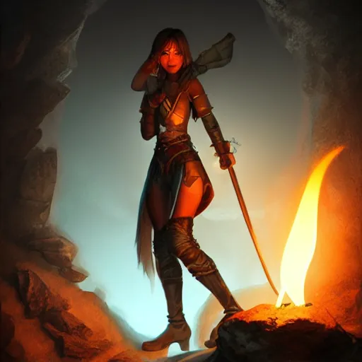 Image similar to a epic hero adventurer holding a torch in a dark cave, artgerm, realistic, cryengine, symmetric