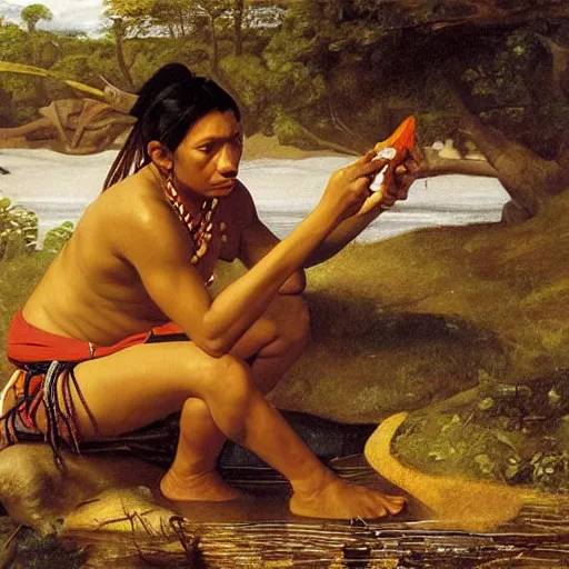 Image similar to beautiful oil matte portrait painting, amazon indigenous tribe leader finding a plastic bottle at the shore, wonderful masterpiece highly detailed, beautiful cinematic light deep focus, elegant, digital painting, smooth, sharp focus, golden ratio, dramatic illumination, ultra realistic, 8 k, art by artemisia lomi gentileschi and caravaggio