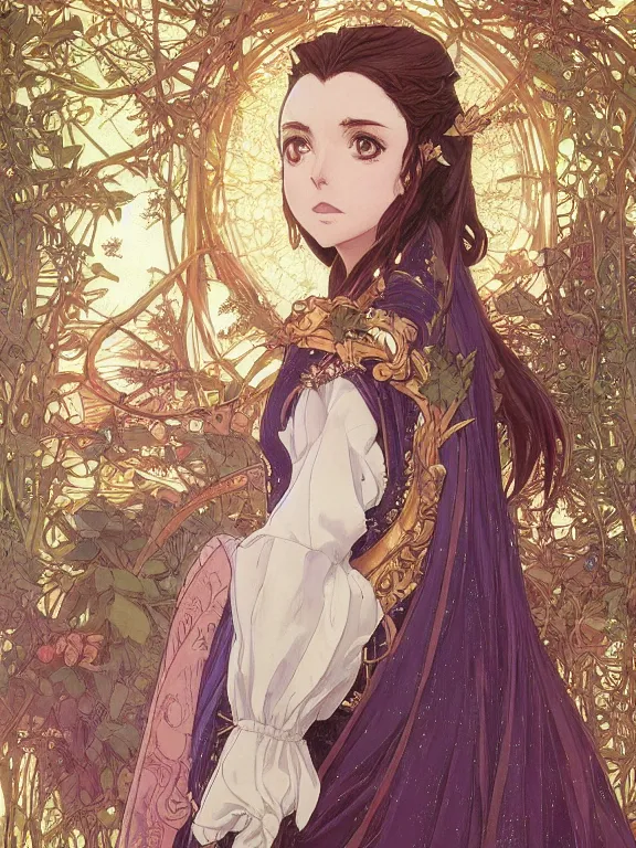 Prompt: anime key visual of jodie marie comer the enchantress wearing a medieval gown!! intricate, magical forest, stunning, highly detailed, digital painting, artstation, smooth, hard focus, illustration, art by artgerm and greg rutkowski and alphonse mucha