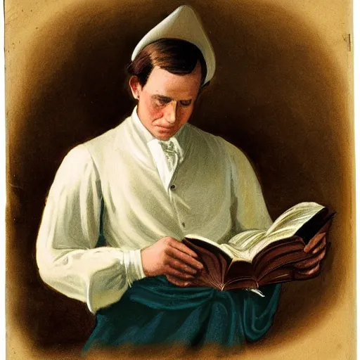 Image similar to joseph smith with his face in a hat reading book of mormon through the urum and thummum