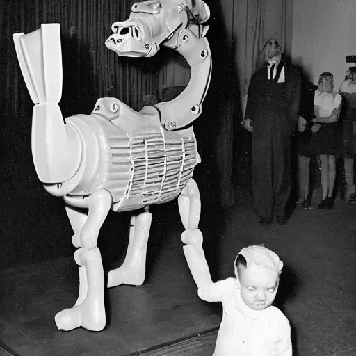 Image similar to 1 9 5 0's photograph of eerie animatronic animal at birthday party