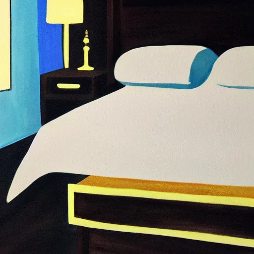 Prompt: painting of a tall black shadow in front of someone's bed staring at them while they sleep