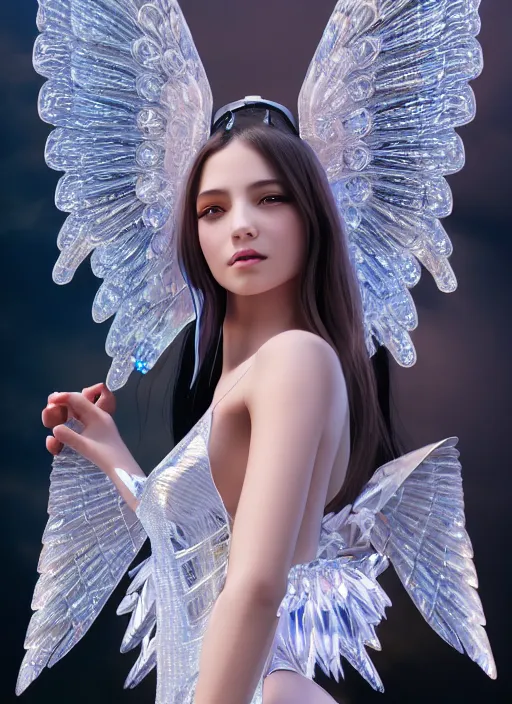 Image similar to photo of a gorgeous young mechanical angel woman with crystal wings in the style of stefan kostic, realistic, sharp focus, 8 k high definition, insanely detailed, intricate, elegant, art by stanley lau and artgerm