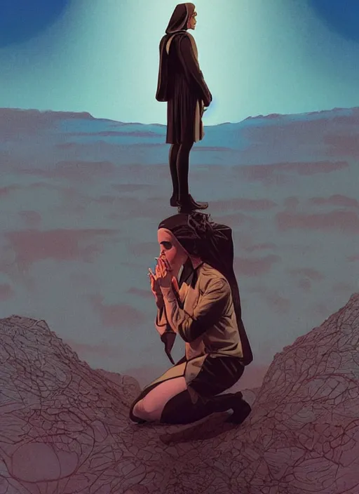 Image similar to poster artwork by Michael Whelan and Tomer Hanuka, Karol Bak of Emma Watson nun, on her knees, looking to the sky, from scene from Twin Peaks, clean