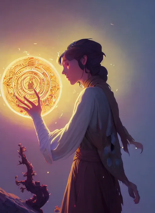 Image similar to highly detailed vfx portrait a mage casting a spell, stephen bliss, unreal engine, sigils greg rutkowski, loish, rhads, beeple, makoto shinkai and lois van baarle, ilya kuvshinov, rossdraws, tom bagshaw, alphonse mucha, global illumination, detailed and intricate environment