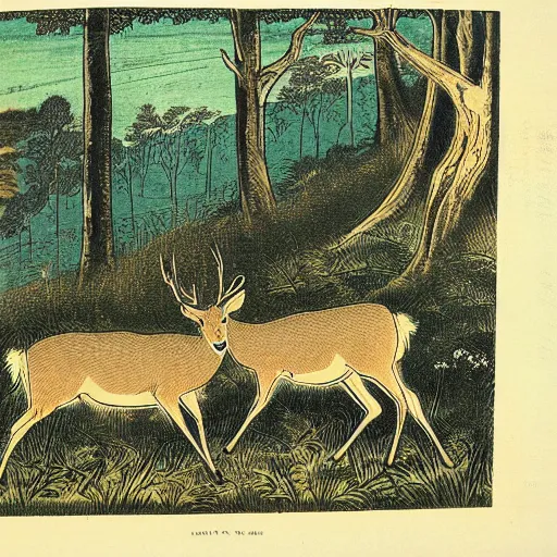 Image similar to romanticism art style, deer standing in field, lush pastoral woodland scene, colored woodblock print