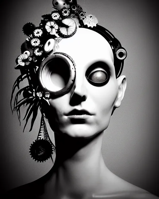Image similar to black and white dreamy foggy smoky profile face portrait, one silver steampunk eye biomechanical beautiful young female cyclope - cyborg - robot bust, body ribs meshes,, volumetric light, hibiscus flowers, by hg giger, rim light, by dora maar and cecile beaton, big gothic fashion pearl embroidered collar, 8 k