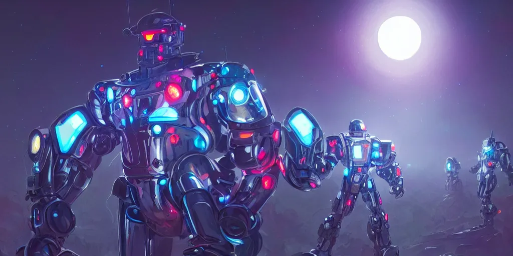 Prompt: professional painting of chrome mechsuits covered in reflective armor, beautiful moonlight, tron aesthetic, many glowing lights, beautiful forests and trees, art by Jason Chan and darek zabrocki and John Park and Feng Zhu, trending on artstation, masterpiece.