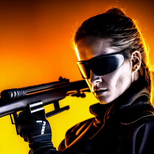 Image similar to photographic portrait of a techwear woman holding a shotgun, holding shotgun down, closeup, on the rooftop of a futuristic city at night, sigma 85mm f/1.4, 4k, depth of field, high resolution, full color, award winning photography, inspired by Kill Bill, inspired by John Wick, inspired by Die Hard, movies with guns, movie firearms