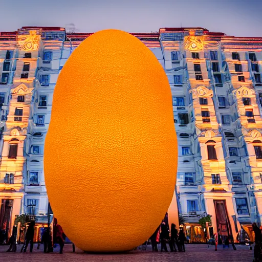 Prompt: symmetrical photo of giant mango sculpture on red square, super wide shot, bokeh, golden hour