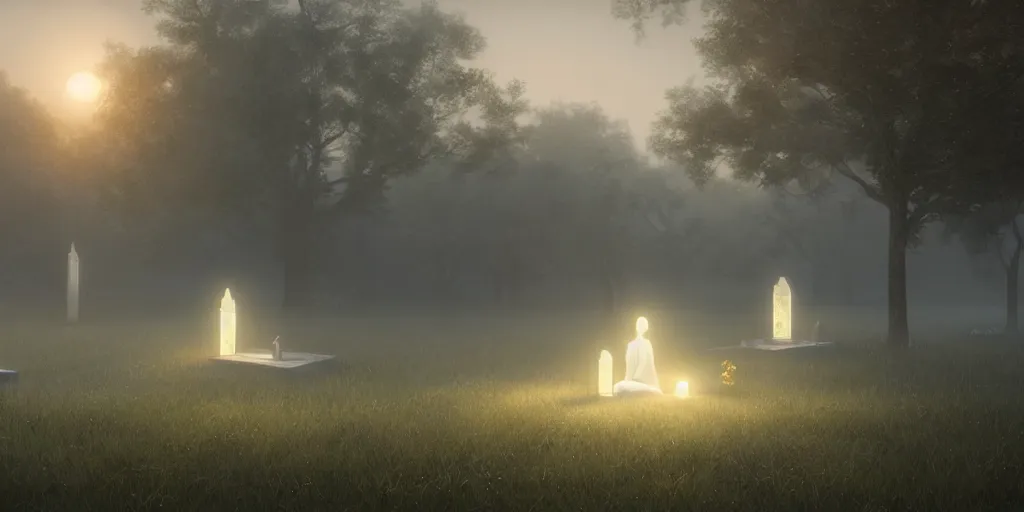 Image similar to large glowing iphone tombstones preserving incubating body of last female human in existence. sci - fi gothic terrarium cemetery, serene morning mist, pastel sunrise, volumetric lighting, octane render, by greg rutkowski, william adolphe bouguereau, gerald brom, gustave dore,