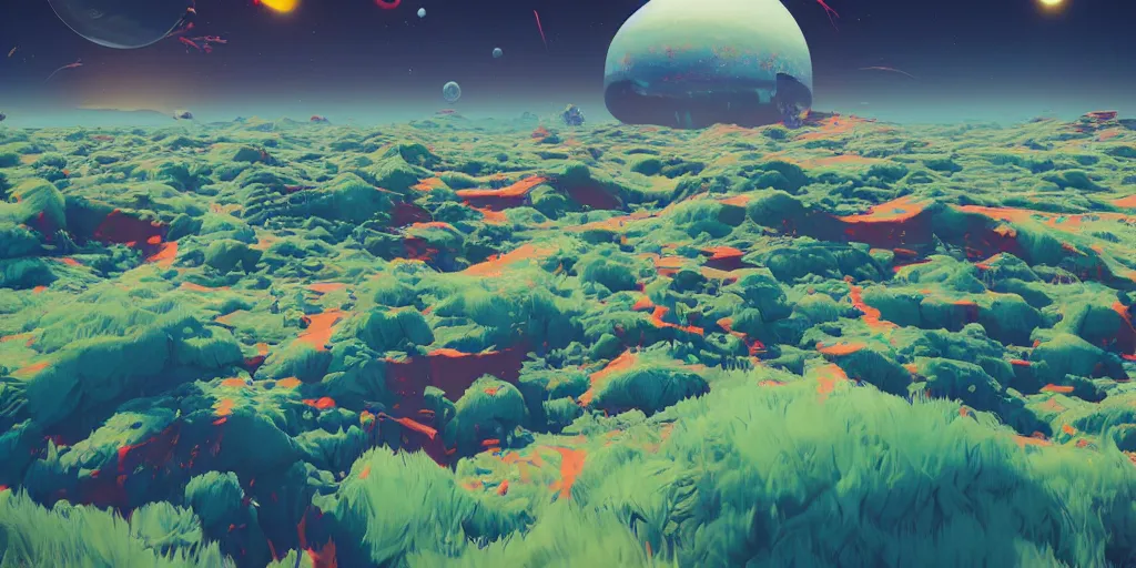 Prompt: abstract 3d painted landscape in the year 2020 by james jean painted in no mans sky style, redshift, octane