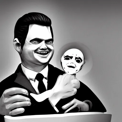 Prompt: matt gaetz as a creepy ventriloquist puppet from an old horror movie, b & w, twilight zone, digital illustration, 8 k,
