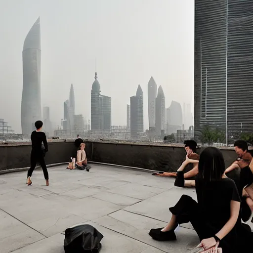 Prompt: a small rooftop with a couple of people sitting and watching the view, wearing black modern clothes, designed by rick owens, messy short hair, modern shanghai bund in smog is on the background, sunset, pale colors, by gregory crewdson