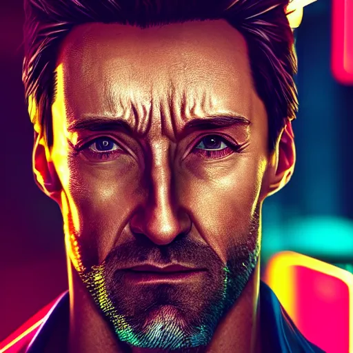 Image similar to hugh jackman portrait, cyberpunk 2 0 7 7, photorealistic, ultra detailed, neon, octane rendered, bokeh, cinematic lighting, cyber, cyberpunk city, studio quality, feature, scars, cyberface, 8 k