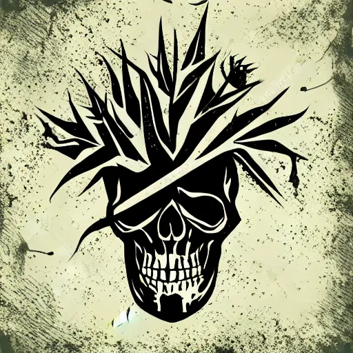 Image similar to dark death metal themed vector illustration for a record label, trees. forest, spikes, skull, microphone, skull, award winning, grunge, iconic, golden ratio