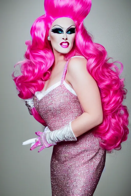 Prompt: 4k detailed portrait of a drag queen (man in drag) wearing: heavy drag makeup, pink glitter mermaid gown, white satin gloves, huge pink wig with bouffant hairdo and decorated with a hairbow, pink 7 inch high heels
