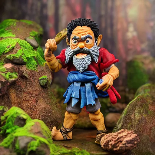 Prompt: high - res photograph of a claymation sculpture action figure warrior dwarf luffy, highly detailed sculpey diorama, forest setting, waterfall backdrop, smooth, sharp foccus, commercial product photography,