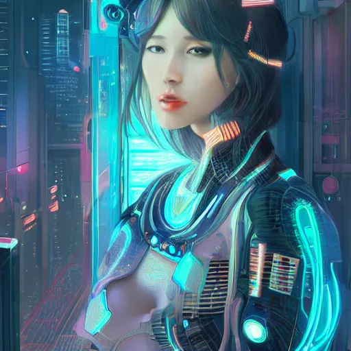 Image similar to portrait futuristic Cyber Girl, in future cyberpunk tokyo rooftop , ssci-fi, fantasy, intricate, very very beautiful, elegant, neon light, highly detailed, digital painting, artstation, concept art, smooth, sharp focus, illustration, art by tian zi and WLOP and alphonse mucha