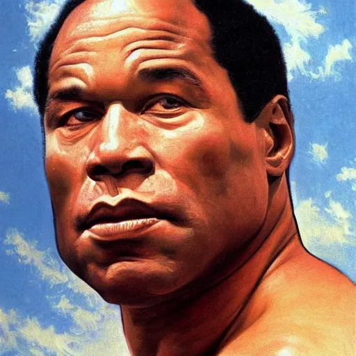 Prompt: Painting of OJ Simpson as the T-800 Art by william adolphe bouguereau. During golden hour. Extremely detailed. Beautiful. 4K. Award winning.