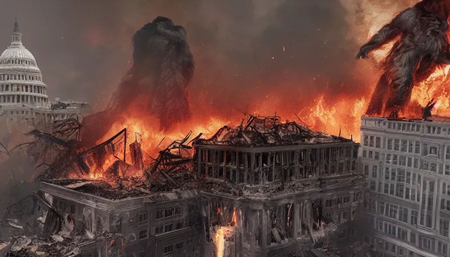 Image similar to giant bigfoot destroying washington dc, debris and fire, collapses building, burning white house, ashes, smoke columns, apocalypse, hyperdetailed, artstation, cgsociety, 8 k