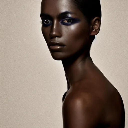 Image similar to a muted colors natural make-up portrait photograph of a black model, editorial story, Vogue France, editorial photographer by Peter Gehrke