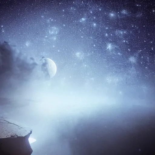 Prompt: do you remember? how we watched the moon counted all the shimmering stars inhaled the night do you still remember? do you even care? words spoken in the darkness and the promise made, epic, hyperrealistic photograph of the edge of time, dim volumetric lighting, 8 k, octane beautifully detailed render, extremely hyper detailed, intricate, epic composition, cinematic lighting