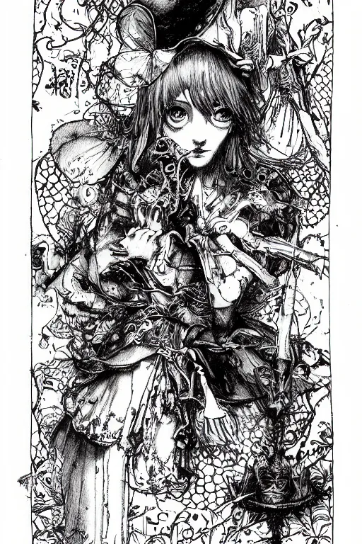 Image similar to Psycho Alice in wonderland tarot card , pen and ink, intricate line drawings, by Yoshitaka Amano, Ruan Jia, Kentaro Miura, Artgerm, watercolor