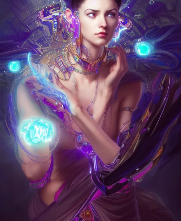 Image similar to a whirlwind of souls rushing inside the metaverse, half body, glowin eyes, tiara with sapphire, pharaoh, android, cyberpunk, d & d, fantasy, intricate, elegant, highly detailed, colorful, vivid color, digital painting, artstation, concept art, art by artgerm and greg rutkowski and alphonse mucha and ruan jia