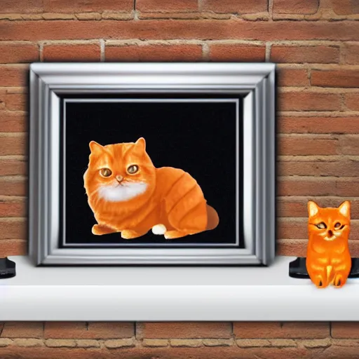 Prompt: an orange cat and a Pomeranian stuffed into a clear wine bottle on the mantle of a brick fireplace, digital illustration