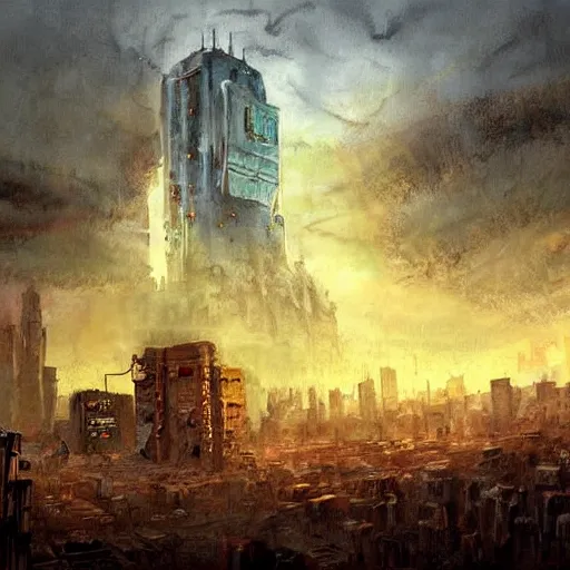 Image similar to post apocalyptic painting of city 1 7 from half - life 2. the citadel is shown towering over the city. highly detailed. painting by esao andrews