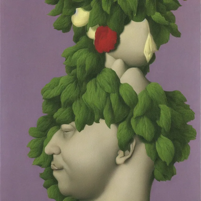 Image similar to portrait of a flower - head man by rene magritte, detailed painting, distance, centered, hd, hq, high resolution, high detail, 4 k, 8 k