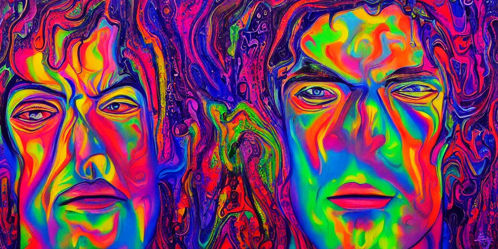 Image similar to a man being overcome by love conciseness, psychedelic dripping colors, detailed painting by painting by pablo amaringo