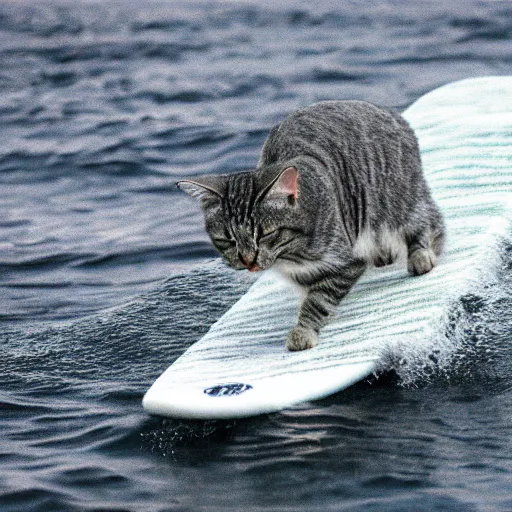 Prompt: a grey tabby cat surfing on a million fish