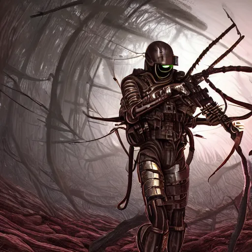 Image similar to Hunter in combat wooden exoskeleton with chrome details walks between the roots. by Dan Mumford and Tsutomu Nihei make game in Unreal Engine photorealism colorful finalRender iridescent fantasy concept art 8k resolution concept art ink drawing volumetric lighting bioluminescence, plasma, neon, brimming with energy, electricity, power, Colorful Sci-Fi Steampunk Biological Living, cel-shaded, depth, particles, lots of reflective surfaces, subsurface scattering