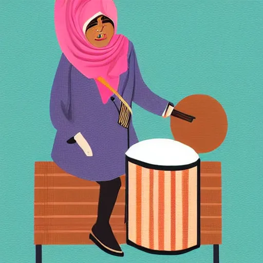 Image similar to a babushka playing drums in a nice suit, digital art