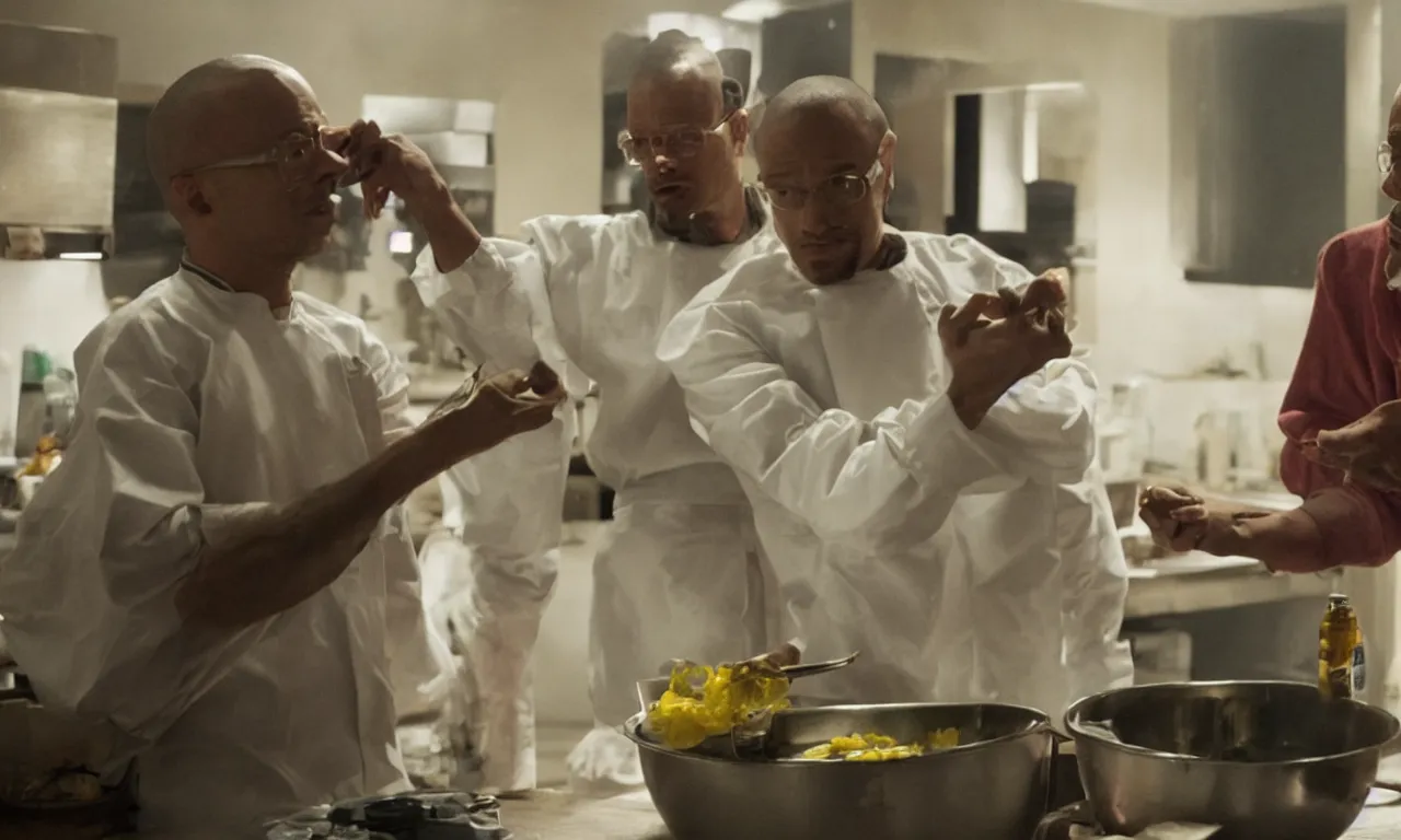 Prompt: a jesse pinkman cook gus fring head soup for walter white, a still shot from breakingbad