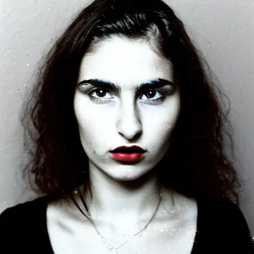 Image similar to 35mm film photo of an atractive cool alternative bosnian woman in her early 20s. beautiful face. She has dark brown hair, dark thick eyebrows, brown eyes and shoulder long hair.