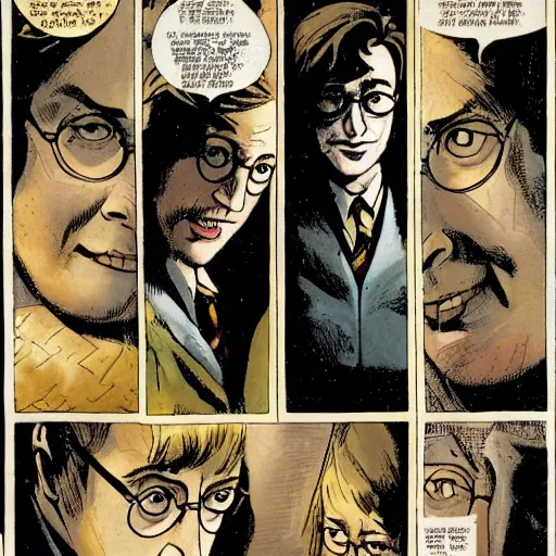 Prompt: in one frame Harry Potter talking in The Sandman comic, by Neil Gaiman, by Dave McKean, comics Sandman, small details, whole-length, clear faces