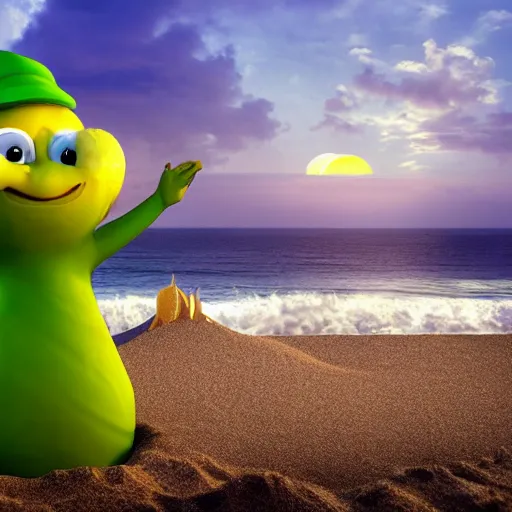 Image similar to 3 d render, of anthropomorphic green lemon character, with lemon skin texture, he is wearing a hat, building a sandcastle on the beach at sunset, beach, huge waves, sun, clouds, long violet and green trees, rim light, cinematic photography, professional, sand, sandcastle, volumetric lightening