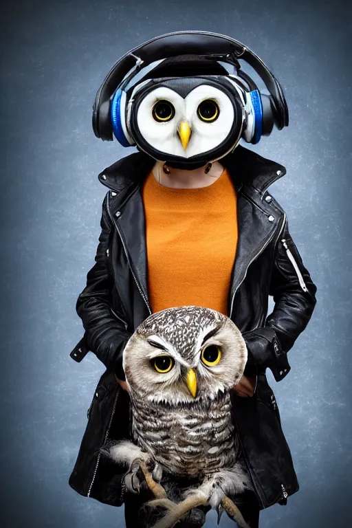 Prompt: cute owl wearing black biker jacket, portrait photo, backlit, studio photo, background colorful, tophat, kobalt blue, tophat, stone, dj headphones