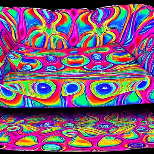 Image similar to psychedelic trippy couch in space, gotta see it to believe it, can't believe my eyes, bald people on couch, hairless couch, couch with no hair, couch with bald people on it, hairless people, couch for hair